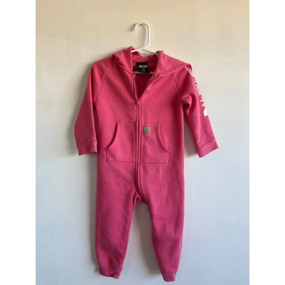 Carhartt Kids Pink Fleece Hooded Zip Front Coverall Jumpsuit 18M Logo Sleeve